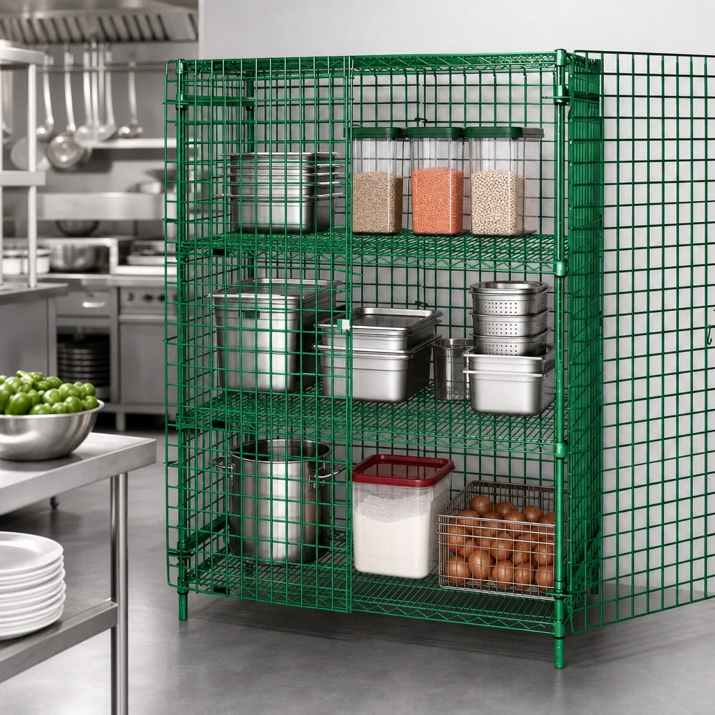 Quantum 2448-63SECP-2 Stationary Wire Security Cage, 48"W x 24"D x 63"H, 2 Intermediate Shelves, Green Epoxy Finish