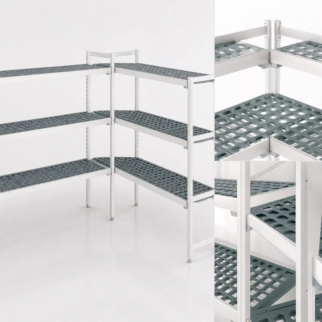 Fermod Fermostock 4R35A66-CE 4-Tier Corner Expansion Polymer Shelving Add-On Unit, 66"H x 35"W x 14"D, Gray, Perforated