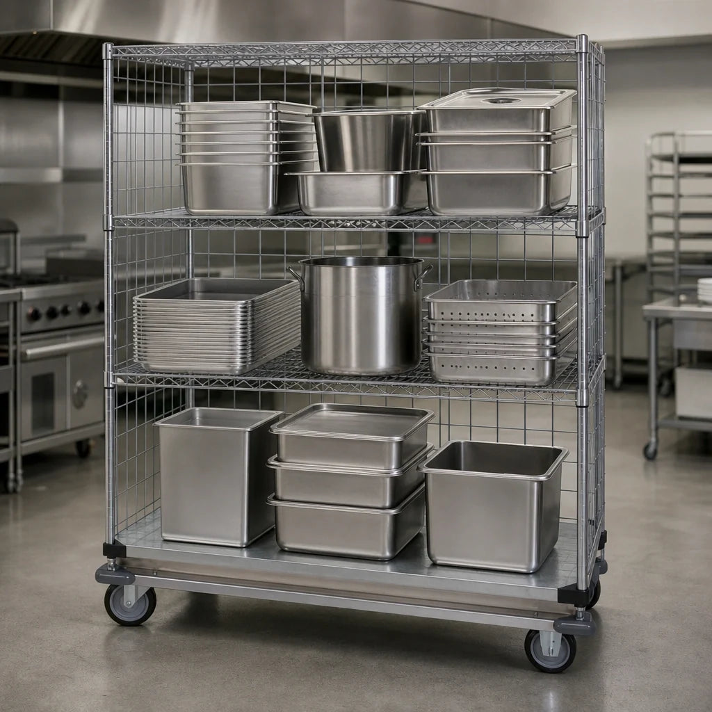 Quantum WRDBS4-63-2460EP Wire Enclosed Mobile Cart, Chrome, 4 Shelves, 60"W x 24"D x 69"H, 1200 lb Capacity