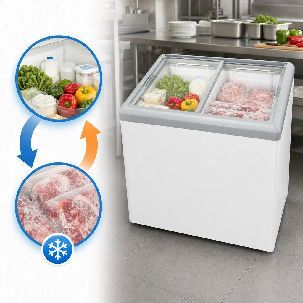 Excellence Commercial Products HB-7HCD Dual-Temperature Chest Refrigerator/Freezer, 7.4 Cu. Ft., 2 Sliding Glass Doors, White