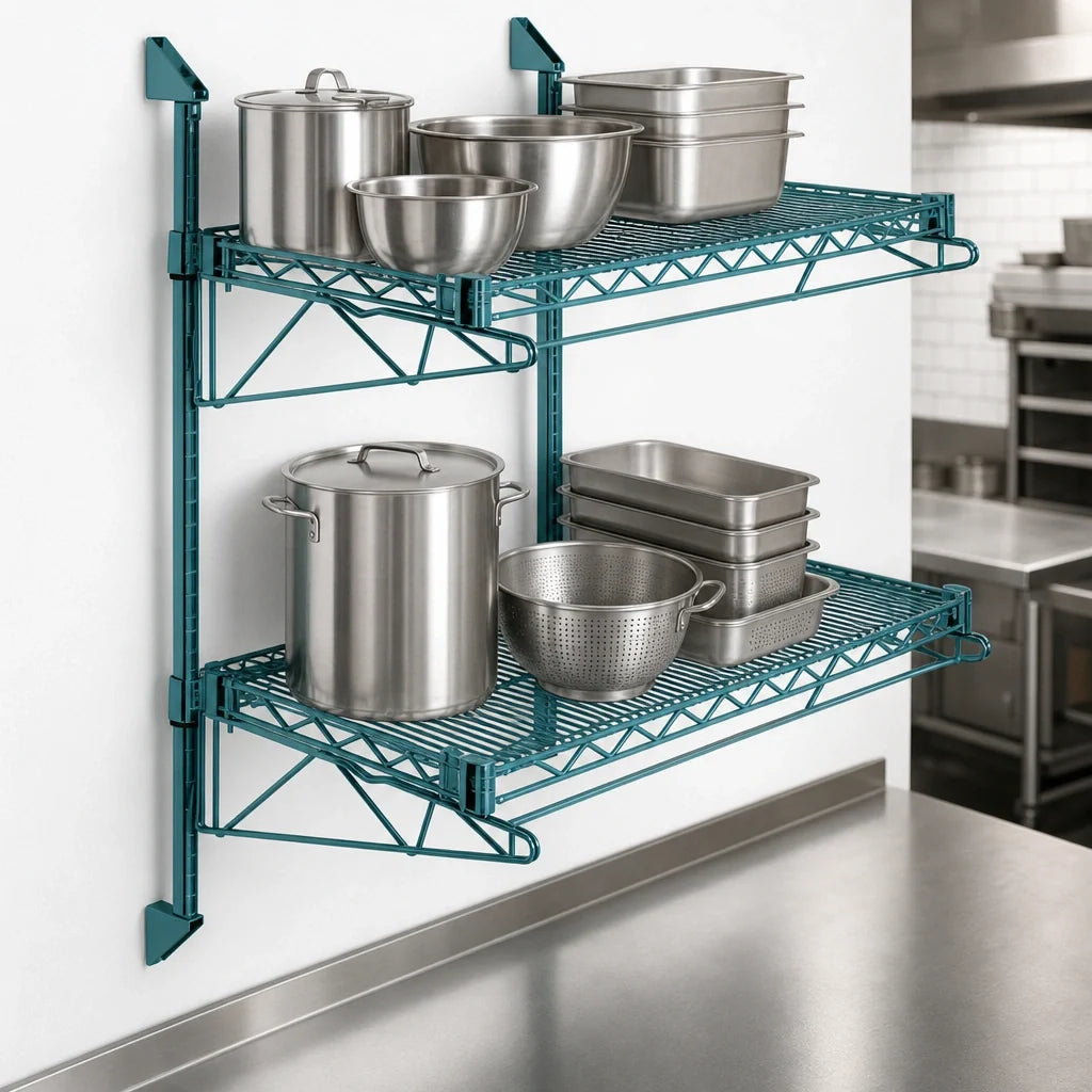 Quantum WC34-CB1448P Green Epoxy Wall-Mount Cantilever Double Wire Shelving Unit, 48 x 14 x 34 Inches