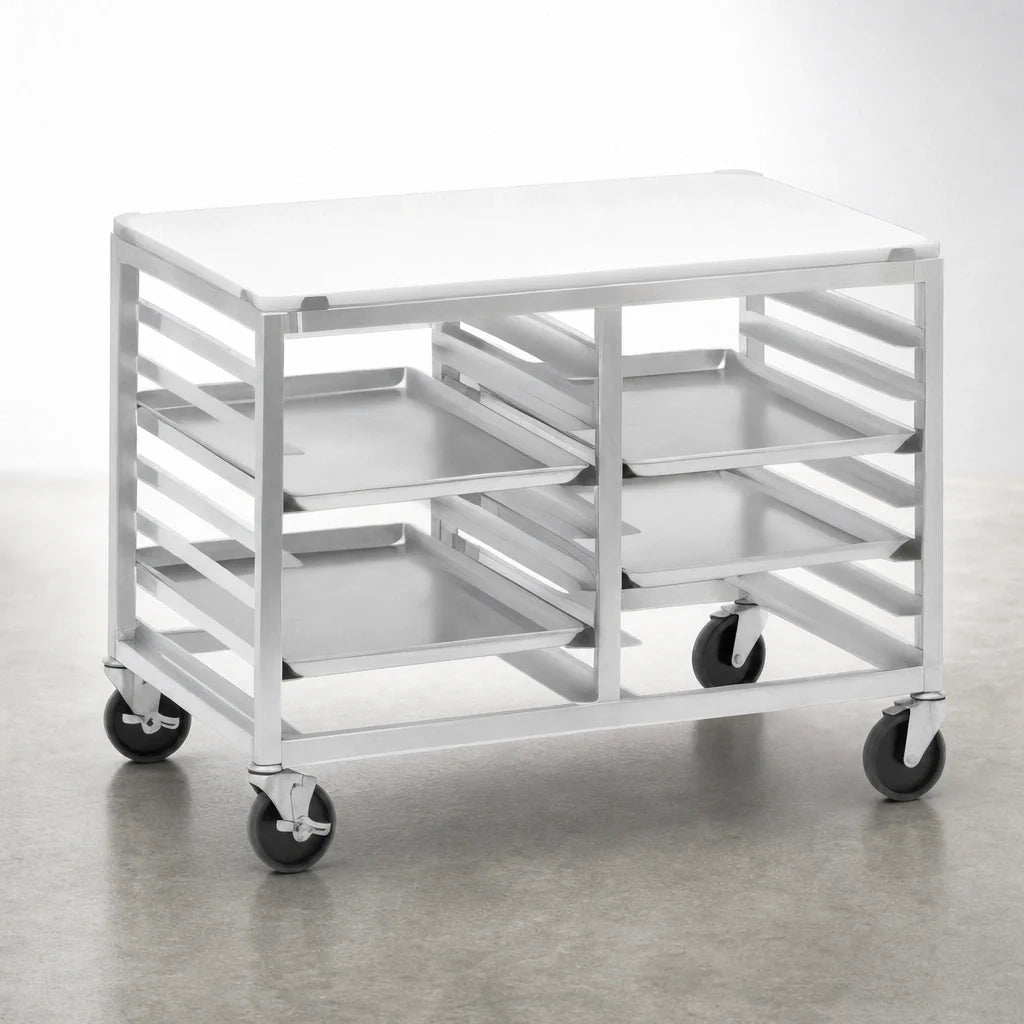 Channel Manufacturing DS2414/P Double-Section Aluminum Bun Pan Rack Work Table, Poly Top, End-Load Slides, 5-Inch Casters