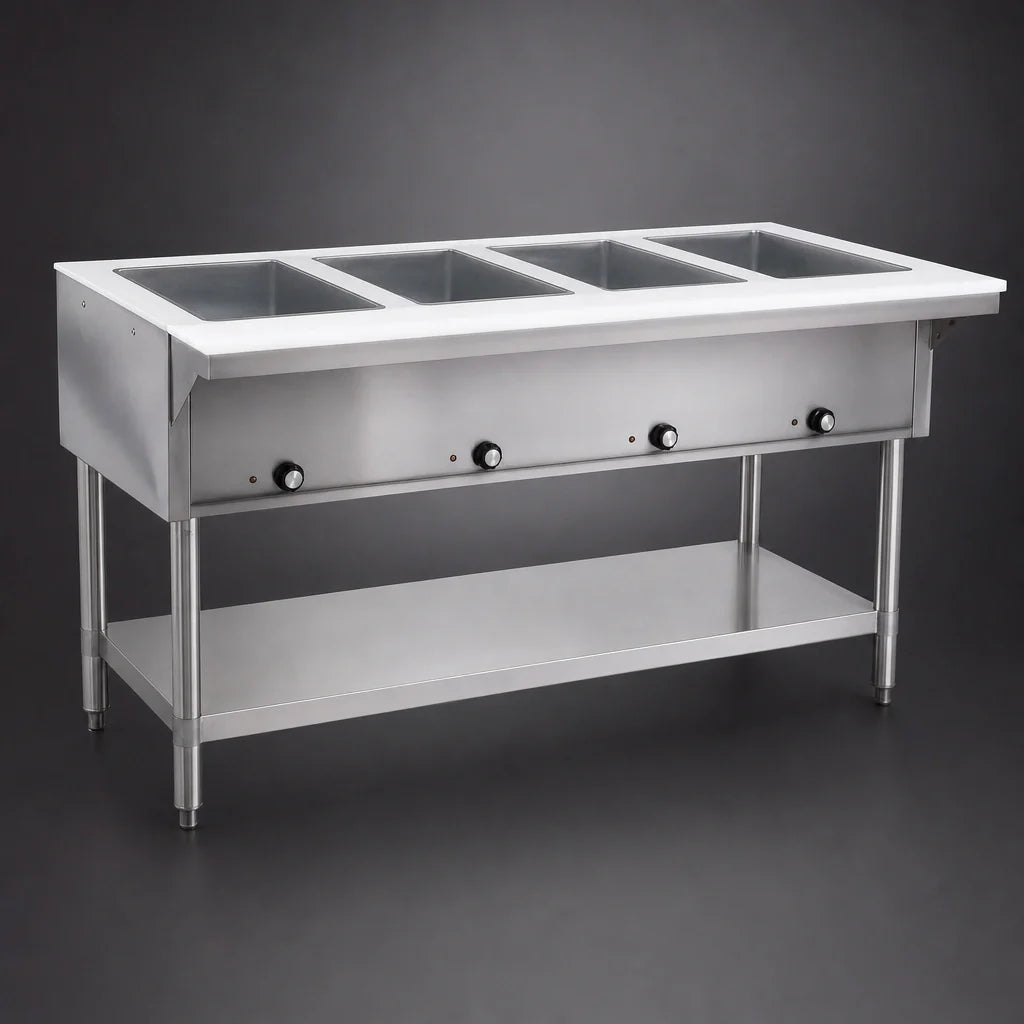 Eagle Group SHT4-LP 63.5-Inch 4-Well Propane Hot Food Table, Stainless Steel Open Base with Cutting Board and Undershelf
