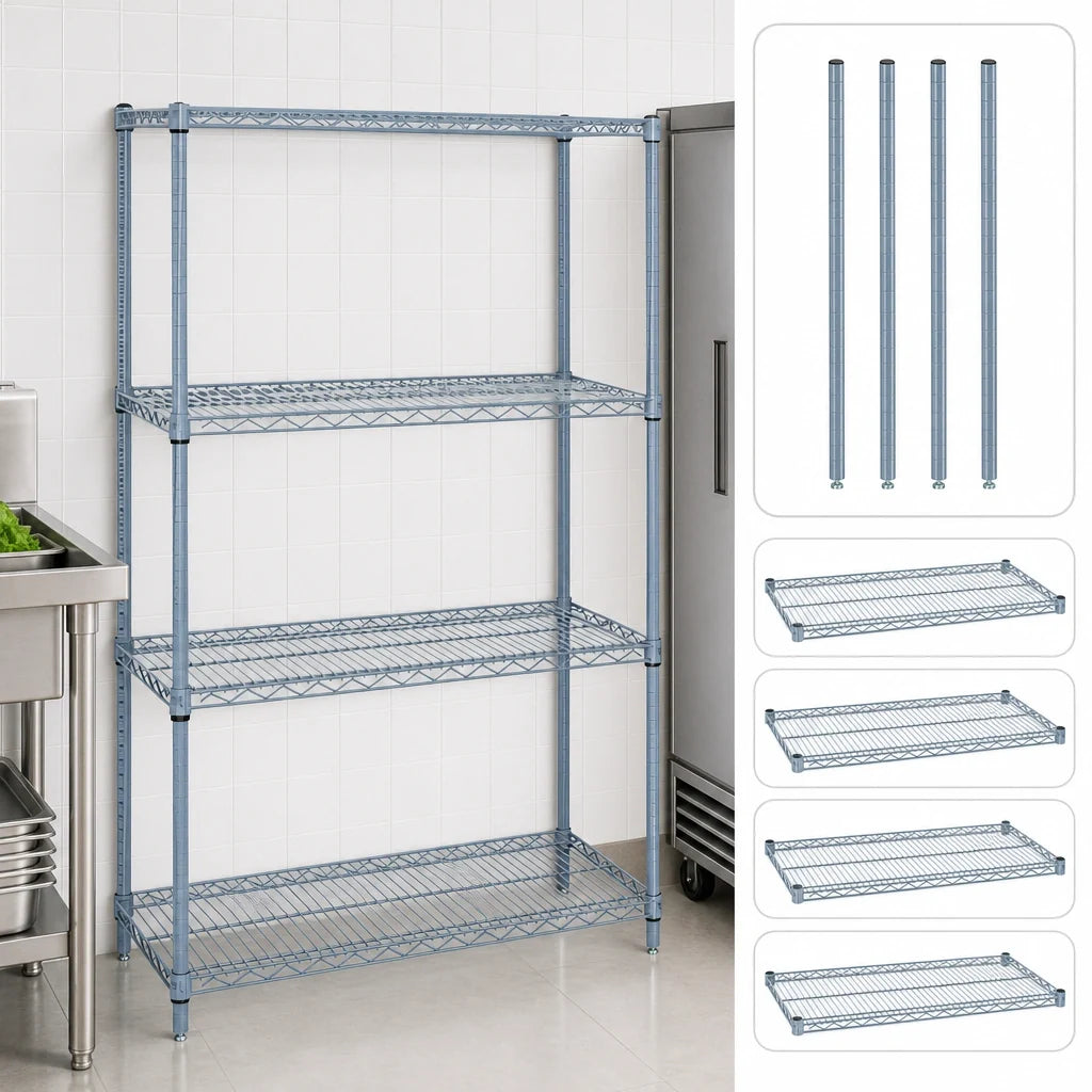 Quantum WR86-1248GY Stationary Gray Epoxy Wire Shelving Starter Kit, 48"W x 12"D x 86"H, 4 Shelves, 4 Posts