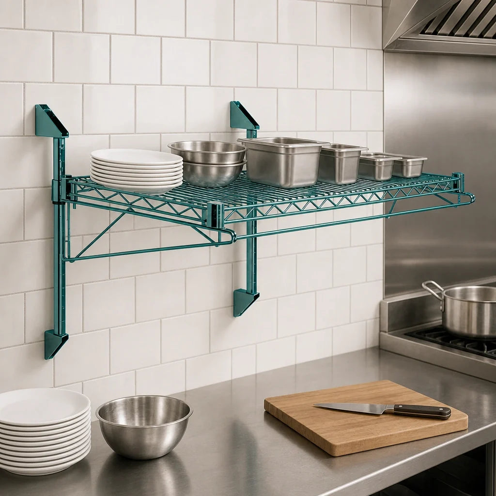 Quantum WC14-CB2442P Wall-Mount Cantilever Single-Shelf Wire Shelving Unit, 42 x 24 Inch, 14-Inch Posts, Green Epoxy