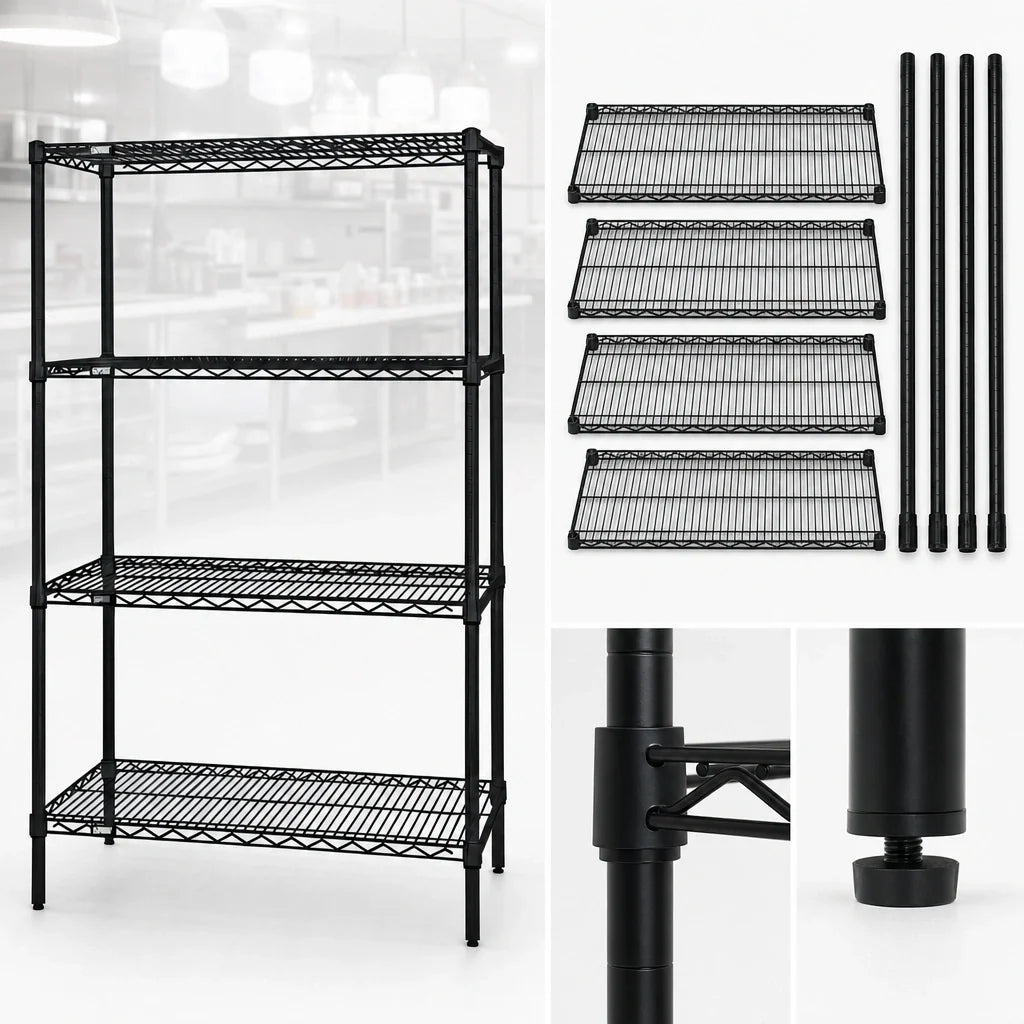Quantum WR63-1836BK 4-Shelf Wire Shelving Starter Unit, 36W x 18D x 63H, Black Epoxy, 600-800 lb. Capacity