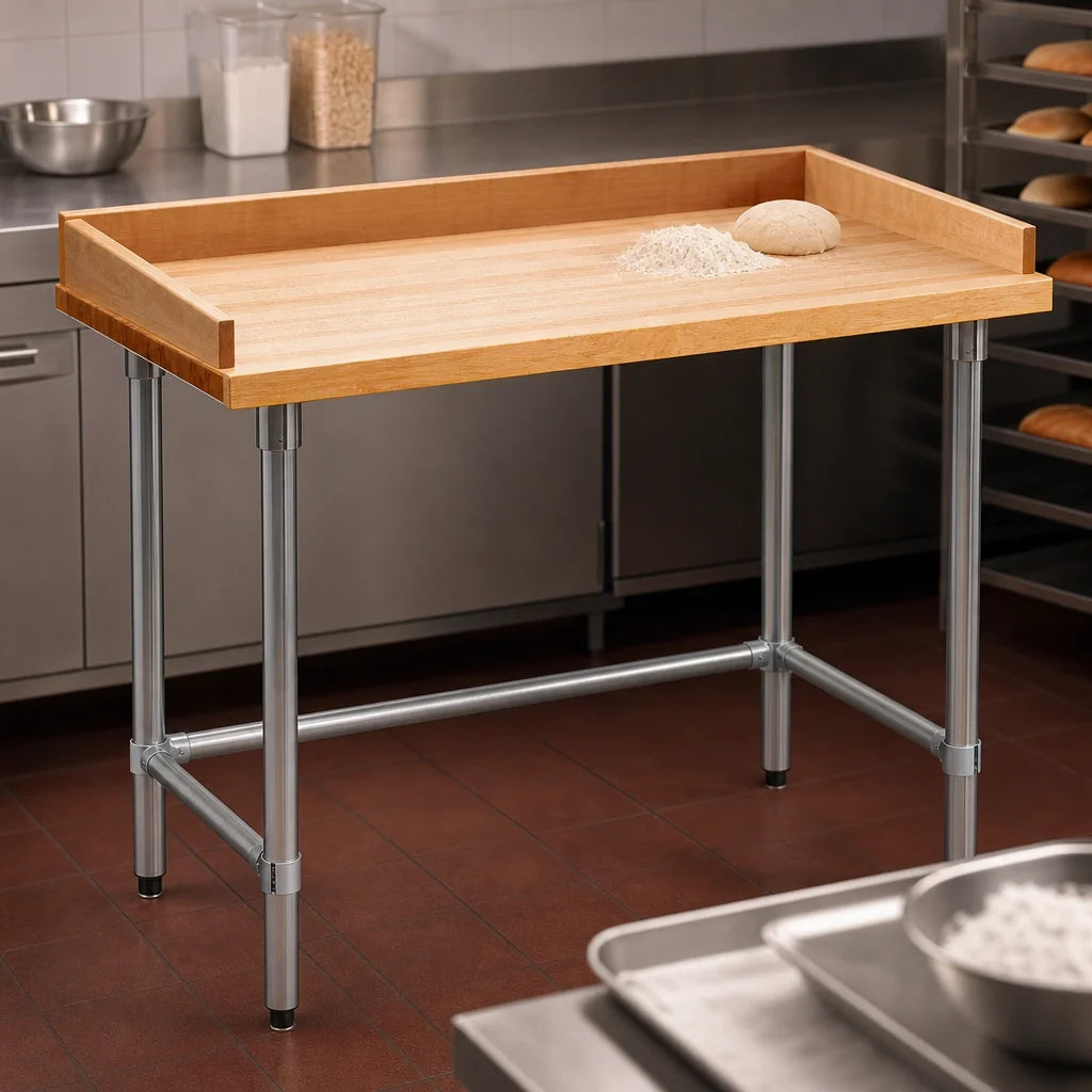 Eagle Group MT3048GT-BS 48 x 30 Inch Baker's Top Hardwood Work Table, 1-3/4 Inch Top, 4 Inch Side/Rear Splash, Galvanized Base
