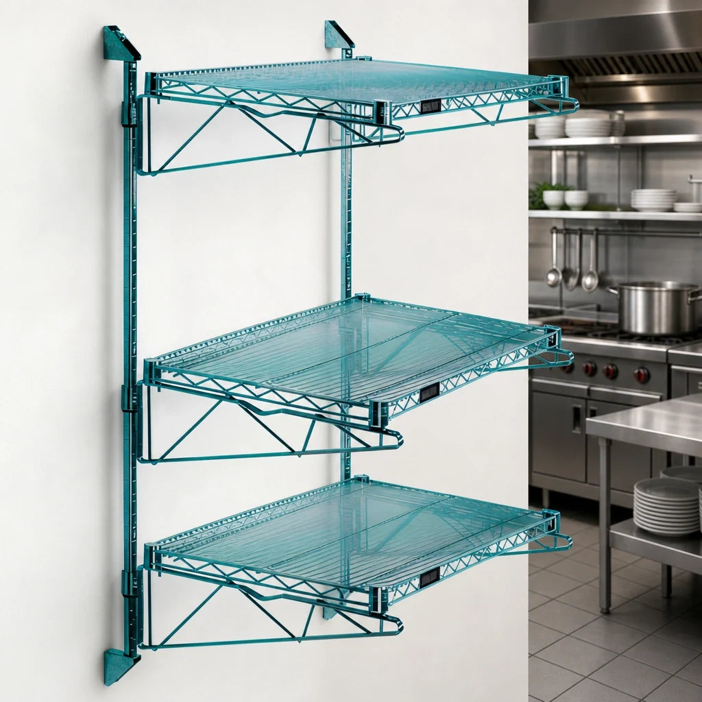 Quantum WC54-CB2436P Wall-Mounted Cantilever Shelving Starter Unit, 3 Wire Shelves, Green Epoxy Antimicrobial Finish, NSF