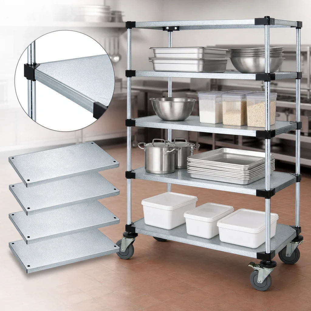 Quantum M1860SG46 Mobile Shelving Cart, 4 Solid Galvanized Steel Shelves, 60 x 18 x 69 Inches, Chrome Posts and Casters