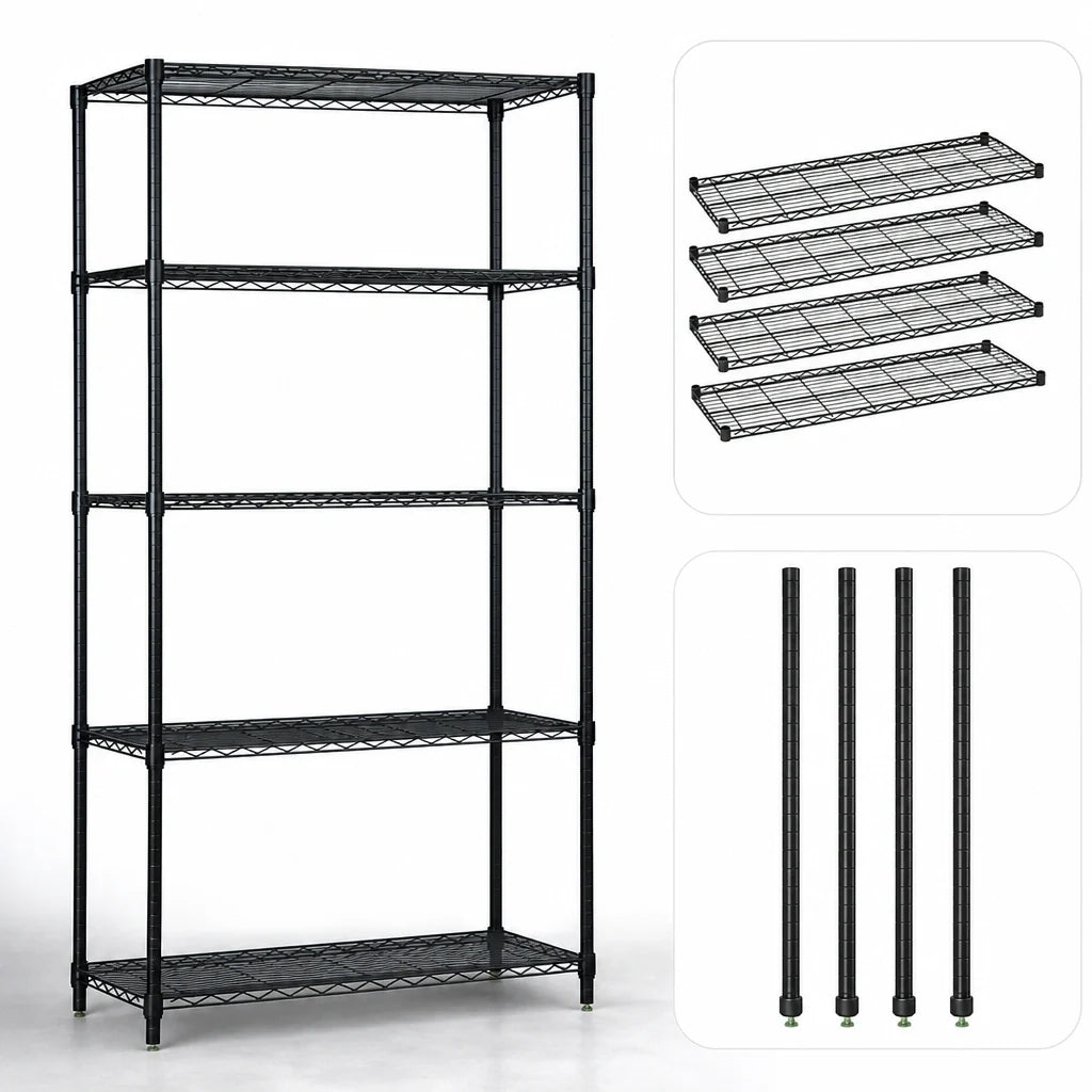 Quantum WR54-1460BK-5 5-Shelf Stationary Wire Shelving Starter Unit, 60W x 14D x 54H, Black Epoxy Antimicrobial Finish