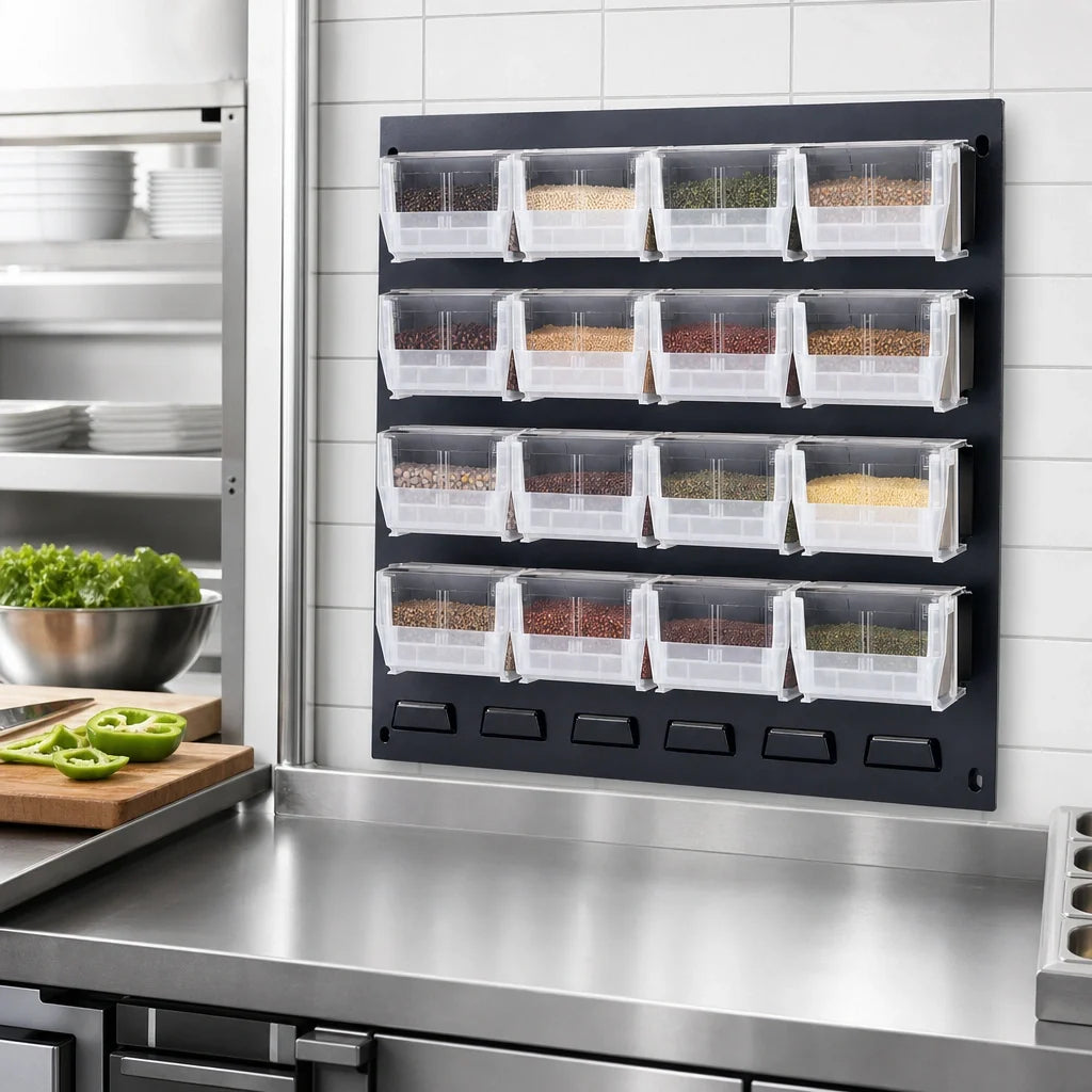 Quantum QLP-1819-220-16CL Wall-Mounted Steel Louvered Panel Starter Unit with 16 Clear Bins, Gray, 18 x 8 x 19 Inches