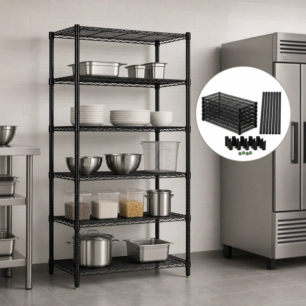 Quantum WR54-1472BK-5 Wire Shelving Starter Unit, 72"W x 14"D x 54"H, 5 Shelves, Black Epoxy Finish