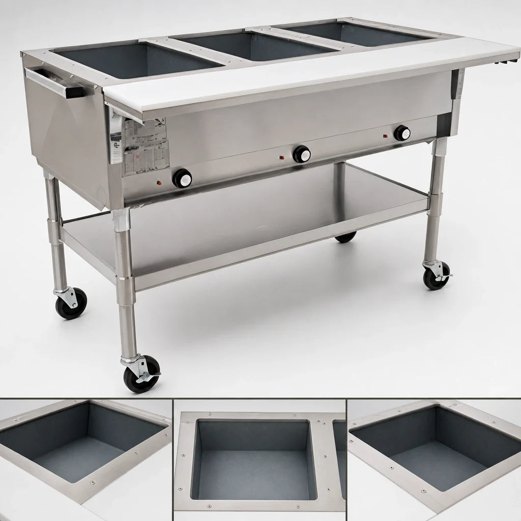 Eagle Group SPDHT3-208 Portable Electric Hot Food Table, 51-Inch, 3 Dry Wells, Open Base, Cutting Board, 208V