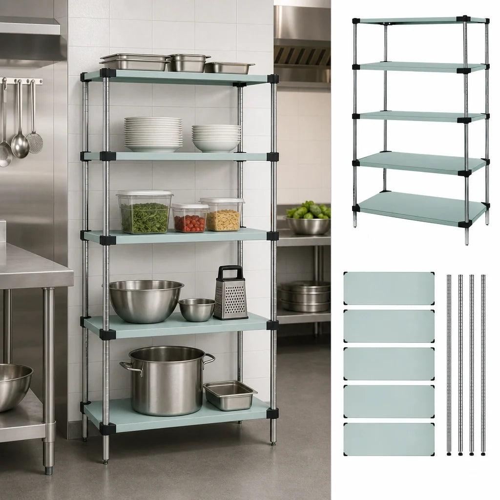 Quantum WRS5-54-2430SS 30"W x 24"D x 54"H Solid Stainless Steel Shelving Starter Kit, 5-Shelf