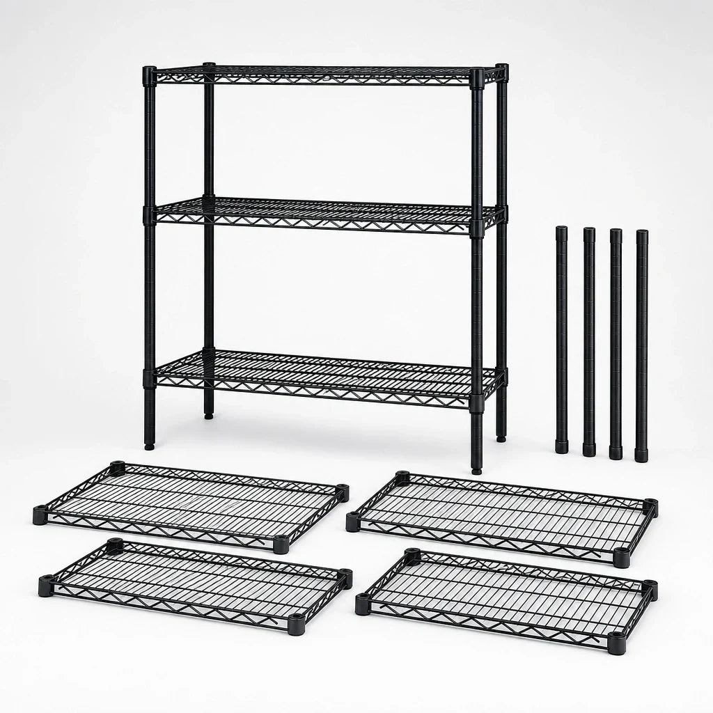 Quantum WR54-3060BK Stationary Wire Shelving Starter Kit, 60"W x 30"D x 54"H, 4 Shelves, Black Epoxy Finish