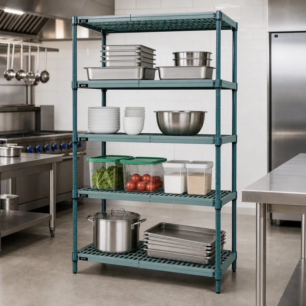 Quantum WR86-1836WPM 4-Tier Stationary Wire Plastic Mat Shelving Unit, 36W x 18D x 86H, Green Epoxy