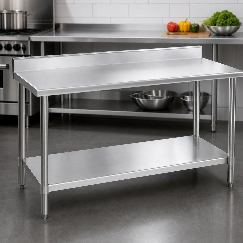 Eagle Group Spec-Master T2448SE-BS 48-Inch x 24-Inch Stainless Steel Work Table with 14-Gauge Top, 4-1/2-Inch Backsplash and Adjustable Undershelf