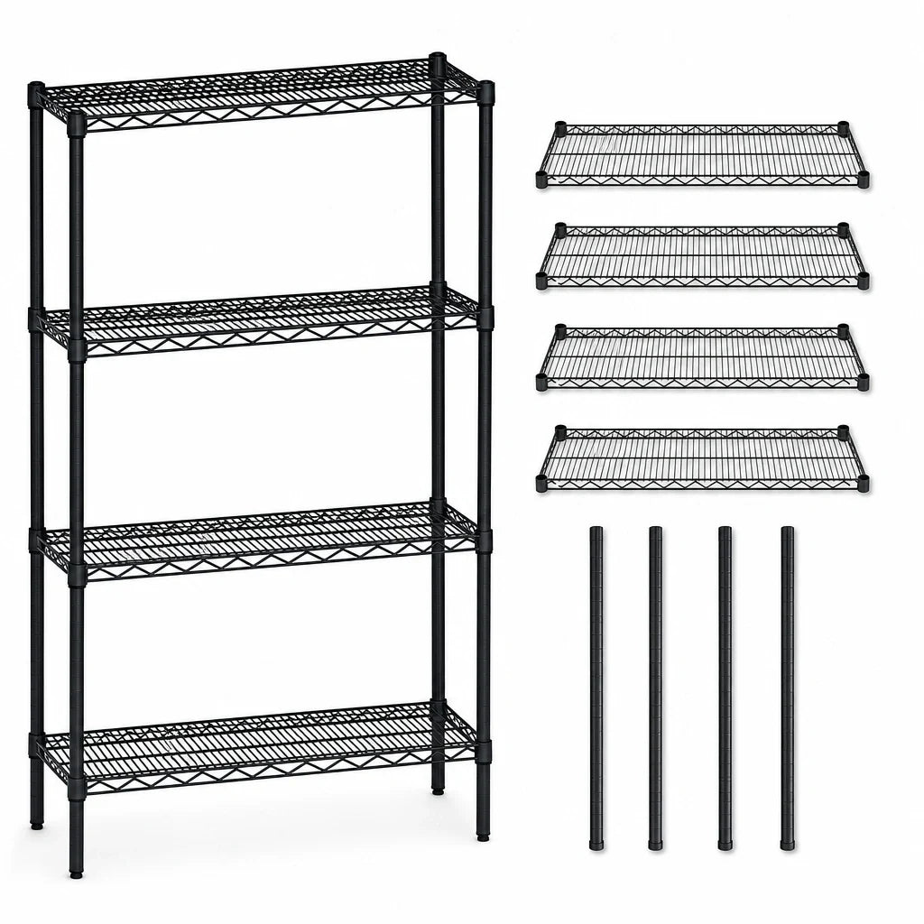 Quantum WR63-1236BK Wire Shelving Starter Unit, 36"W x 12"D x 63"H, 4 Shelves/4 Posts, Black Epoxy, 600-800 lb.