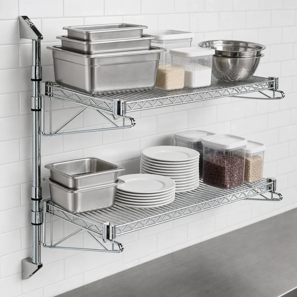 Quantum WC34-CB1424C Wall-Mount Cantilever Wire Shelving Unit, 2 Shelves, 24 x 14 x 34 Inches, Chrome-Plated