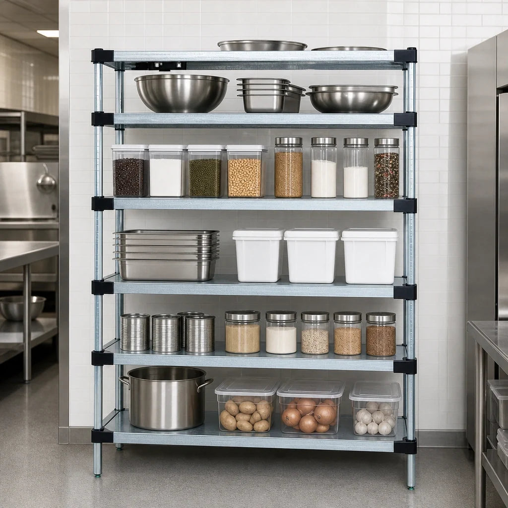 Quantum WR54-1460SG-5 Stationary Solid Shelving Starter Kit, 60"W x 14"D x 54"H, 5 Galvanized Steel Shelves, 4 Chrome Posts