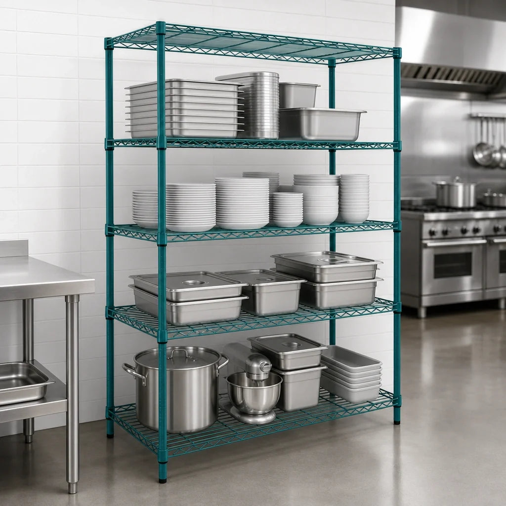 Quantum RWR72-2436LDP 4-Tier Stationary Wire Shelving Unit, 36W x 24D x 72H, Green Epoxy Finish