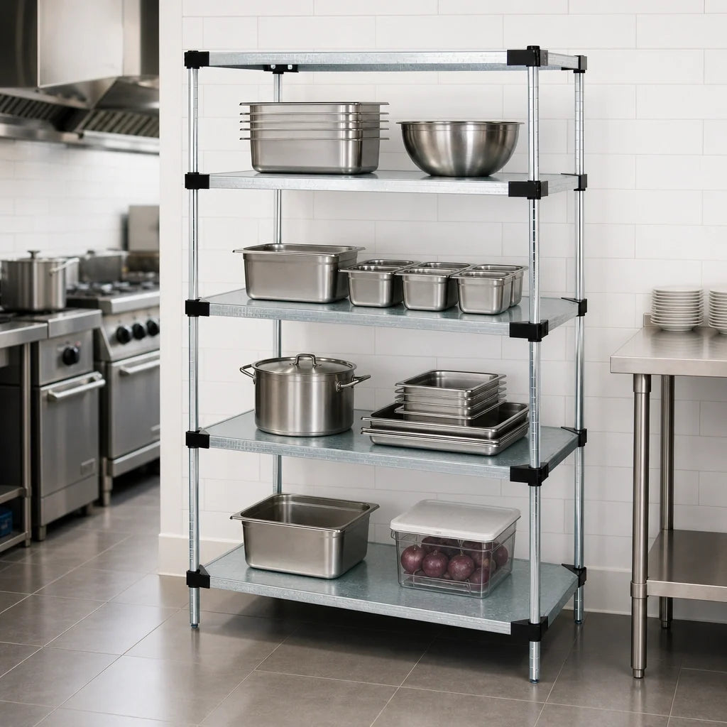Quantum WR74-2142SG Stationary Solid Shelving Starter Unit, 42"W x 21"D x 74"H, 4 Galvanized Steel Shelves, Chrome Posts