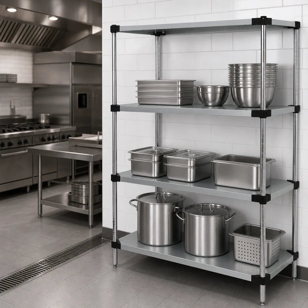 Quantum WRS4-74-1848SS Stationary Solid Stainless Steel Shelving Starter Kit, 48" W x 18" D x 74" H, 4 Shelves