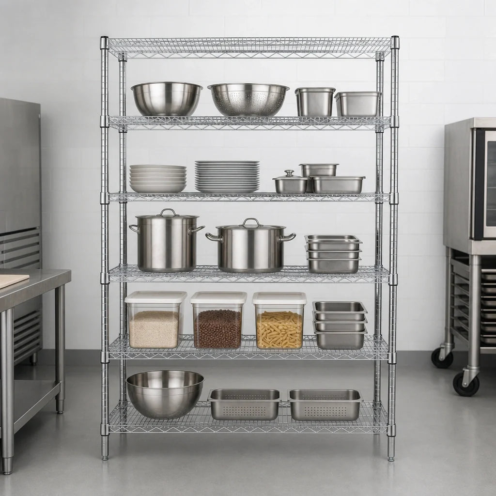 Quantum WR54-1472C-5 5-Shelf Chrome Wire Shelving Starter Kit, 72"W x 14"D x 54"H, Stationary Freestanding