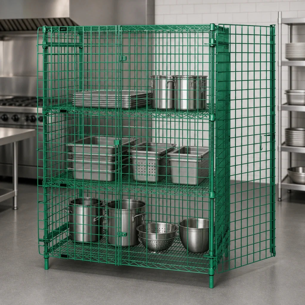 Quantum 1860-63SECP-2 Stationary Wire Security Storage Cage with Locking Doors, 2 Intermediate Shelves, 60"W x 18"D x 63"H, Green Epoxy