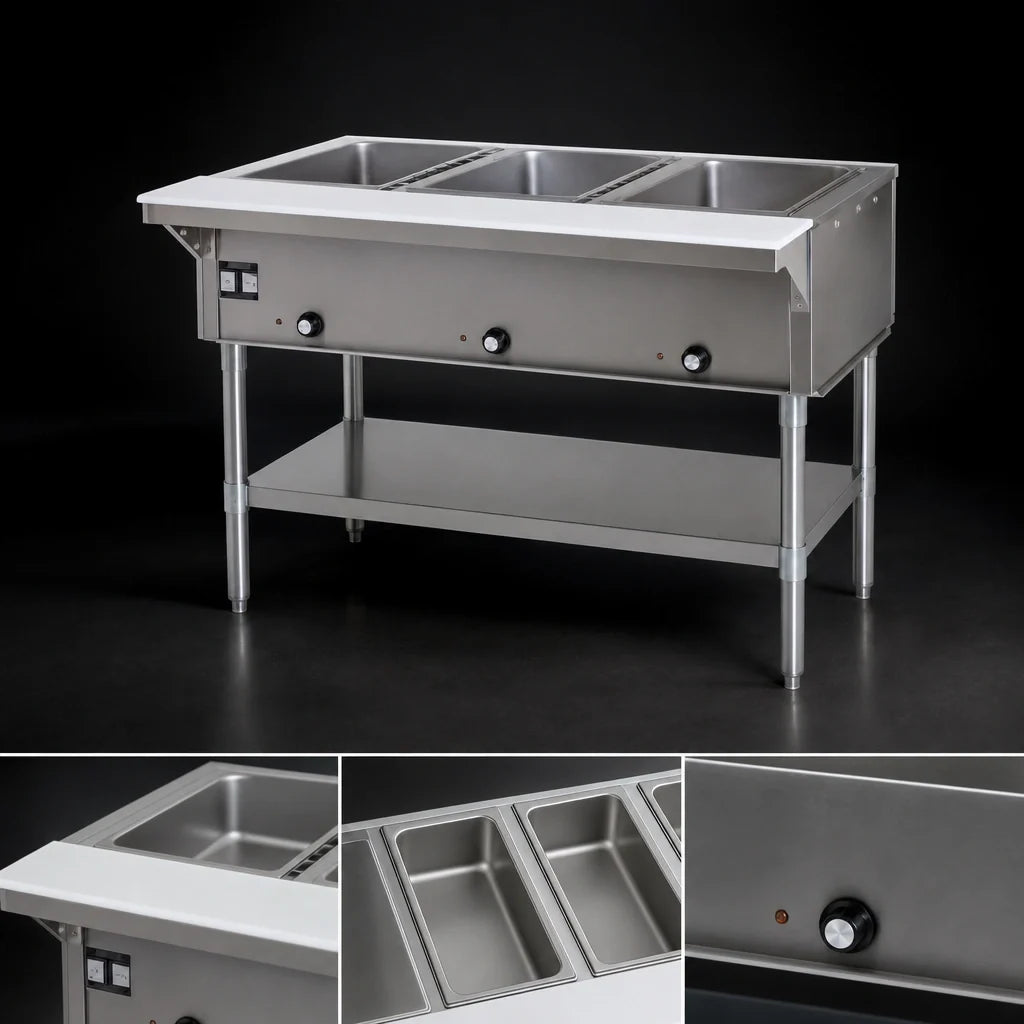 Eagle Group SHT3-NG 48-Inch Natural Gas Hot Food Table with 3 Dry Wells, Open Base, and Cutting Board