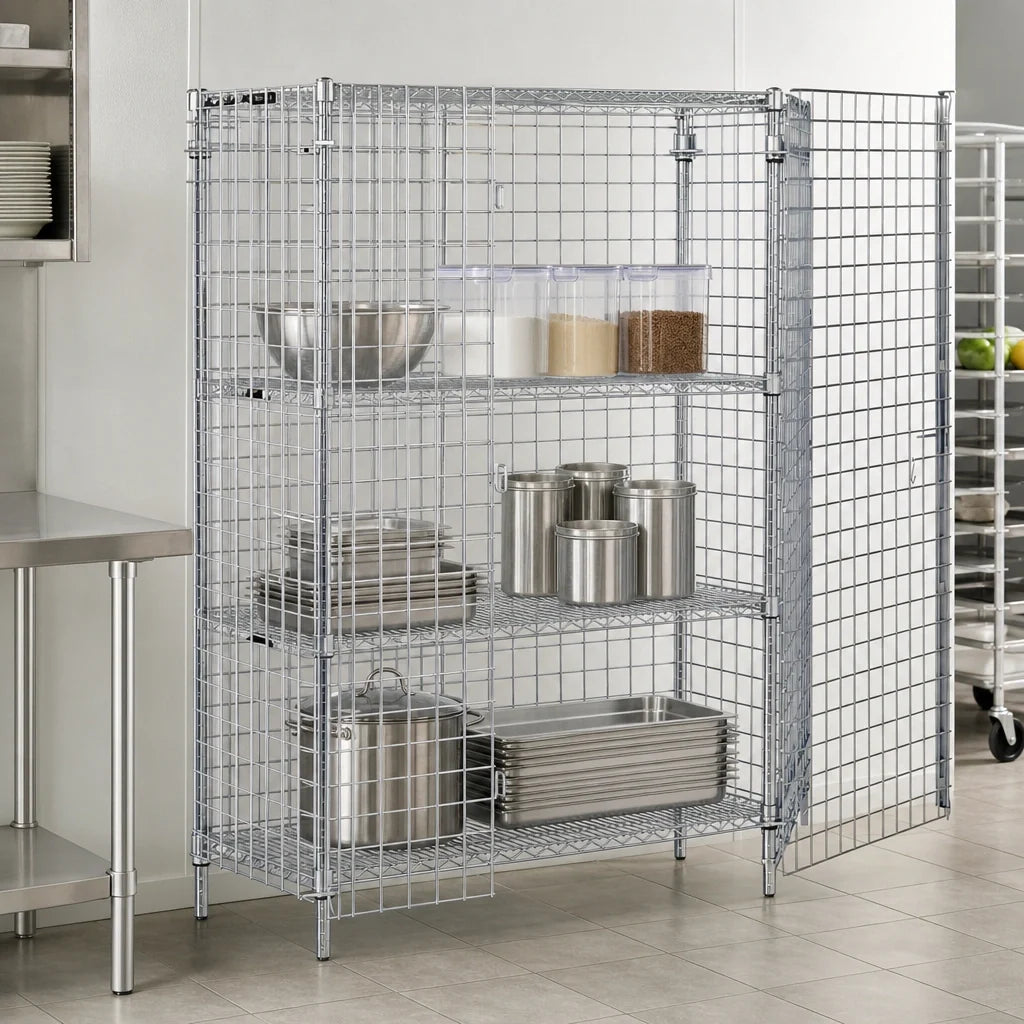 Quantum 2448-63SEC-2 Stationary Chrome Wire Security Cage, 48"W x 24"D x 63"H, 2 Intermediate Shelves, Locking Panel Doors
