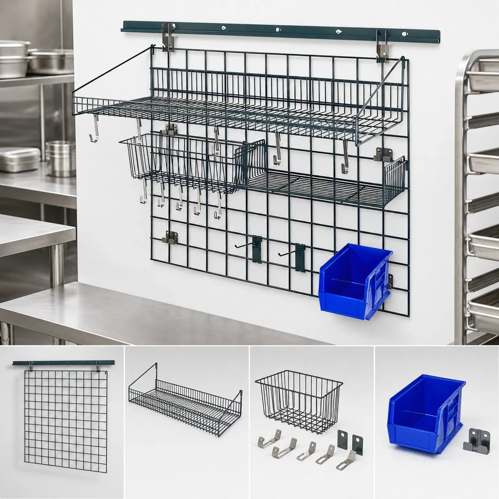 Quantum Store Grid SGK-403036-2PCL Wall-Mounted Standard-Duty Shelving Starter Kit with Shelf, Basket, Bin Holder and Clear Bin