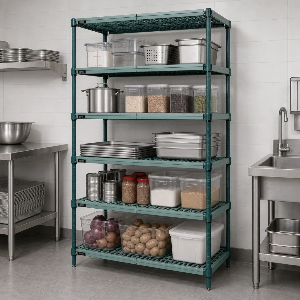 Quantum WR86-1436WPM-5 5-Tier Stationary Wire Shelving Unit with Plastic Mats, 36W x 14D x 86H, Green Epoxy