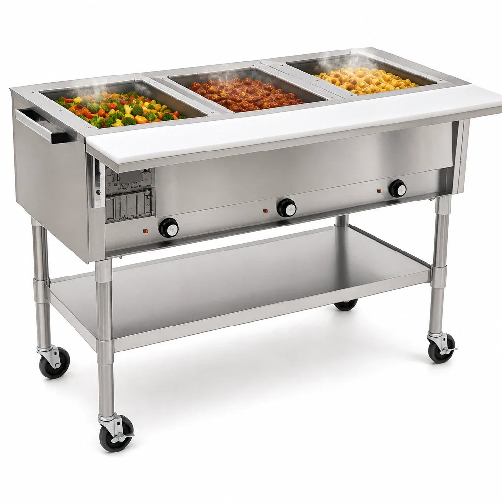 Eagle Group SPDHT3-208-3 Mobile Electric Hot Food Table, 3 Dry Wells, Open Base, Cutting Board, 208V