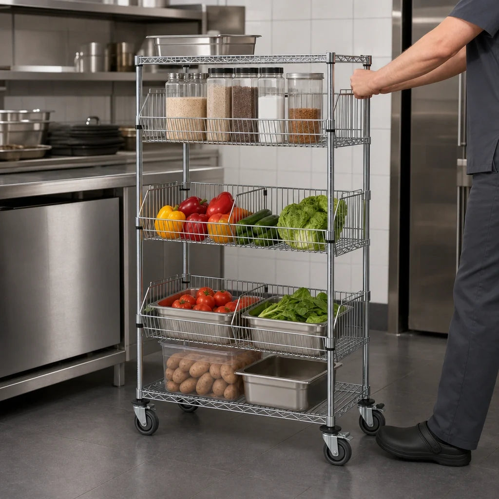 Quantum M1848BC6C Mobile Chrome Basket Storage Unit with 3 Adjustable Baskets, 2 Wire Shelves, and Casters, 48 x 18 x 69 Inches