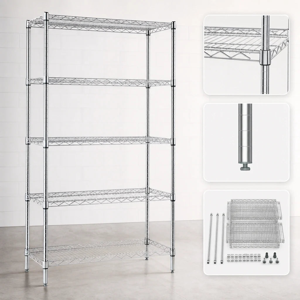 Quantum WR86-2148C-5 Stationary Chrome Wire Shelving Starter Kit, 48"W x 21"D x 86"H, 5 Shelves, 4 Posts