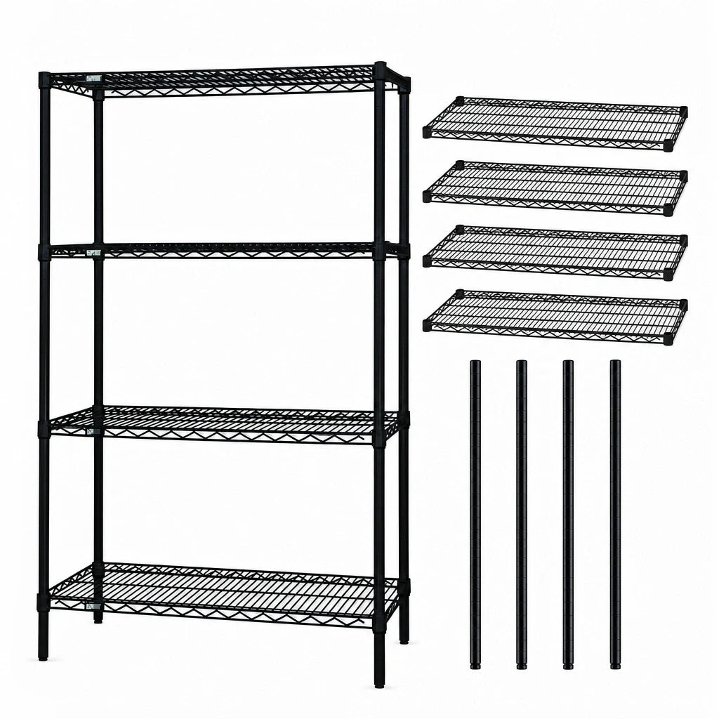 Quantum WR74-3672BK Stationary Black Epoxy Wire Shelving Starter Unit, 72"W x 36"D x 74"H, 4 Shelves, 4 Posts