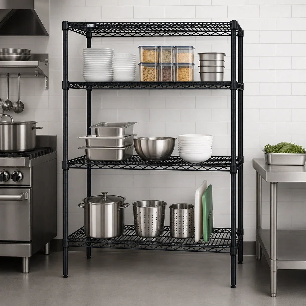 Quantum WR63-1448BK Stationary Black Epoxy Wire Shelving Starter Kit, 48"W x 14"D x 63"H, 4 Shelves, 4 Posts