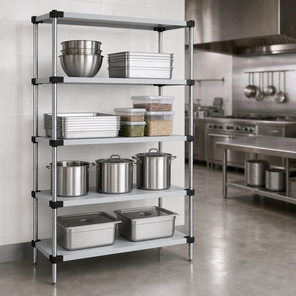 Quantum WRS4-86-2172SS 304 Stainless Steel Solid Shelving Starter Kit, 72"W x 21"D x 86"H, 4 Shelves