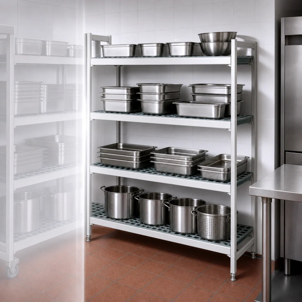 Fermod Fermostock 4R47B66-E 4-Tier Polymer Shelving Add-On Unit, Aluminum, Gray, 66"H x 47"W x 18"D