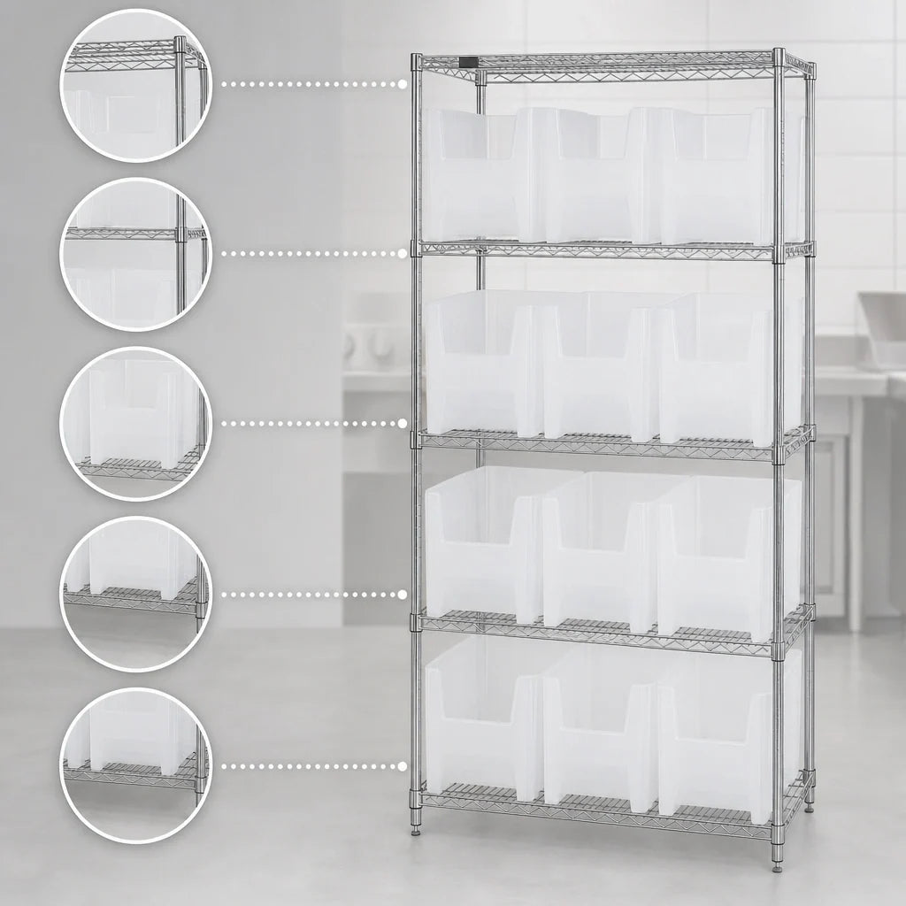 Quantum WR5-600800CL Bin Wire Shelving System, 36"W x 18"D x 74"H, Chrome, 5 Shelves with 10 Clear Bins