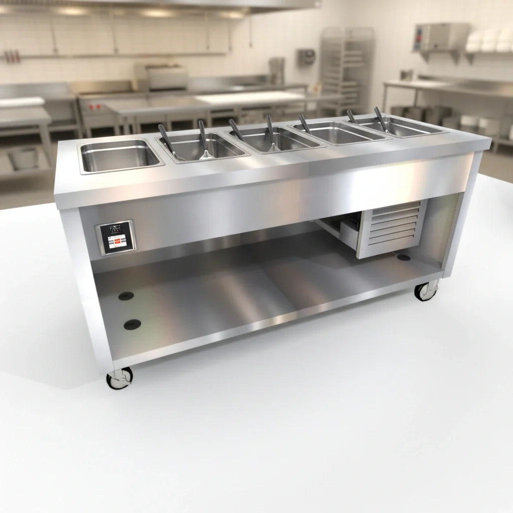 Duke Manufacturing Thurmaduke TFCP-74SS-N7 74-Inch 5-Section Mobile Stainless Steel Refrigerated Cold Pan with Digital Touchscreen