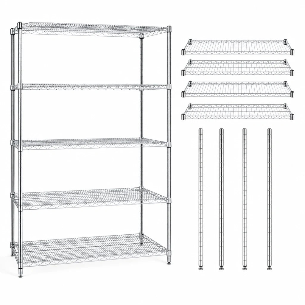 Quantum WR63-3042C-5 Chrome-Plated Stationary 5-Shelf Wire Shelving Starter Kit, 42W x 30D x 63H