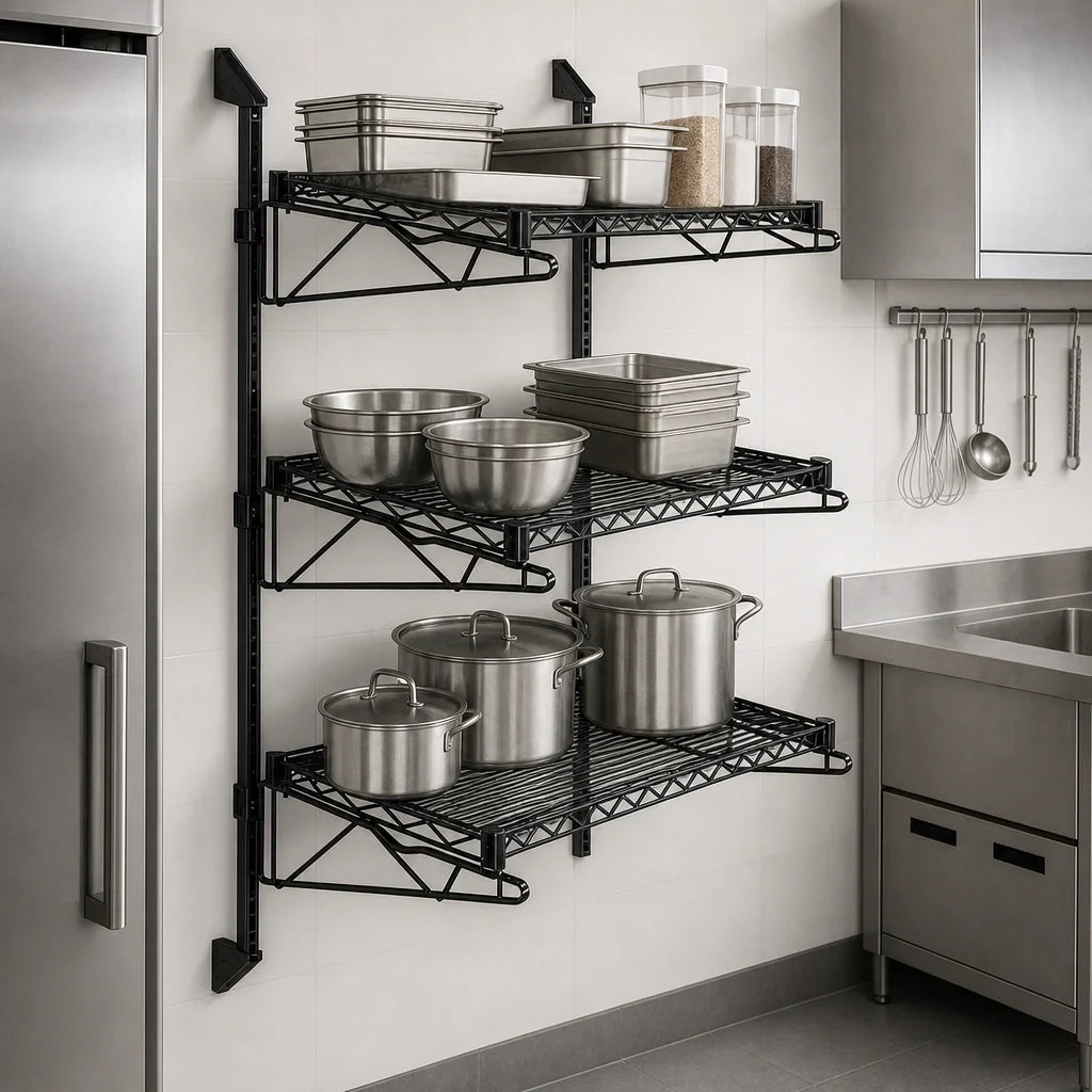 Quantum WC54-CB2148BK Wall-Mounted Cantilever Shelving Starter Unit with 3 Wire Shelves, Black Epoxy Antimicrobial Finish