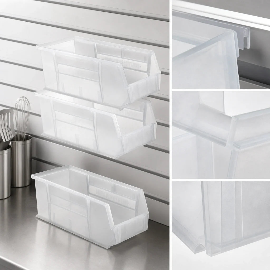 Quantum QUS238CL Clear Polypropylene Stack & Hang Shelf Bin, 18 x 5-1/2 x 5 Inches Case of 12