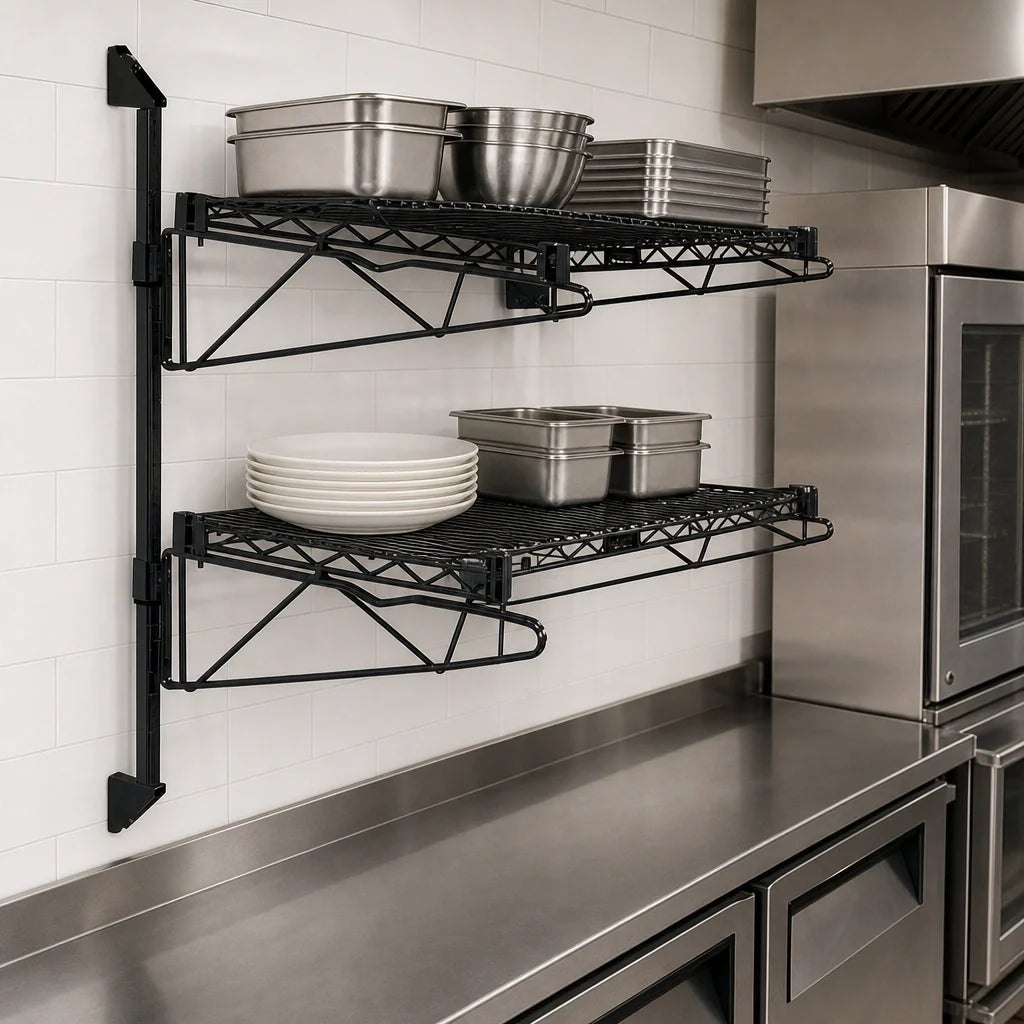 Quantum WC34-CB1224BK Wall-Mount Cantilever Double-Shelf Wire Shelving Unit, 24 x 12 Inches, Black Epoxy