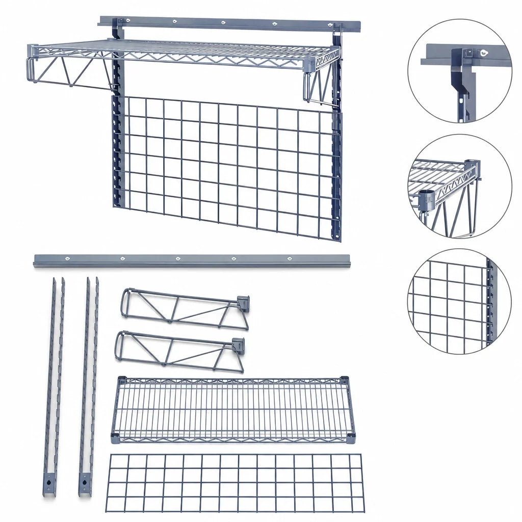Quantum SGK-401836-1GY Wall-Mounted Medium-Duty Starter Shelving Kit with Grid Panel, Gray Epoxy Antimicrobial Finish