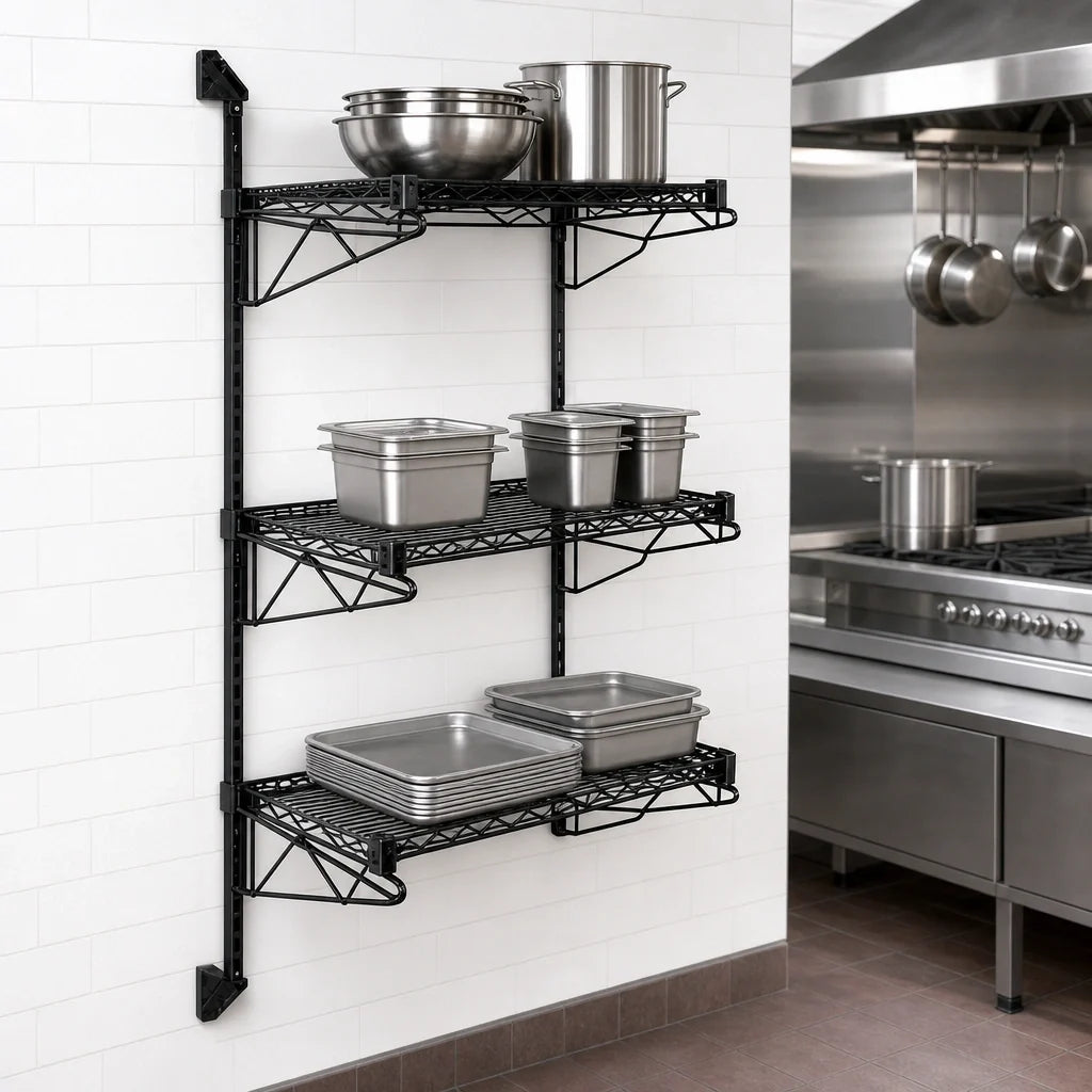 Quantum WC54-CB1448BK Wall-Mounted Cantilever Wire Shelf Starter Unit, 3 Shelves, 54-Inch Posts, Black Epoxy Antimicrobial Finish