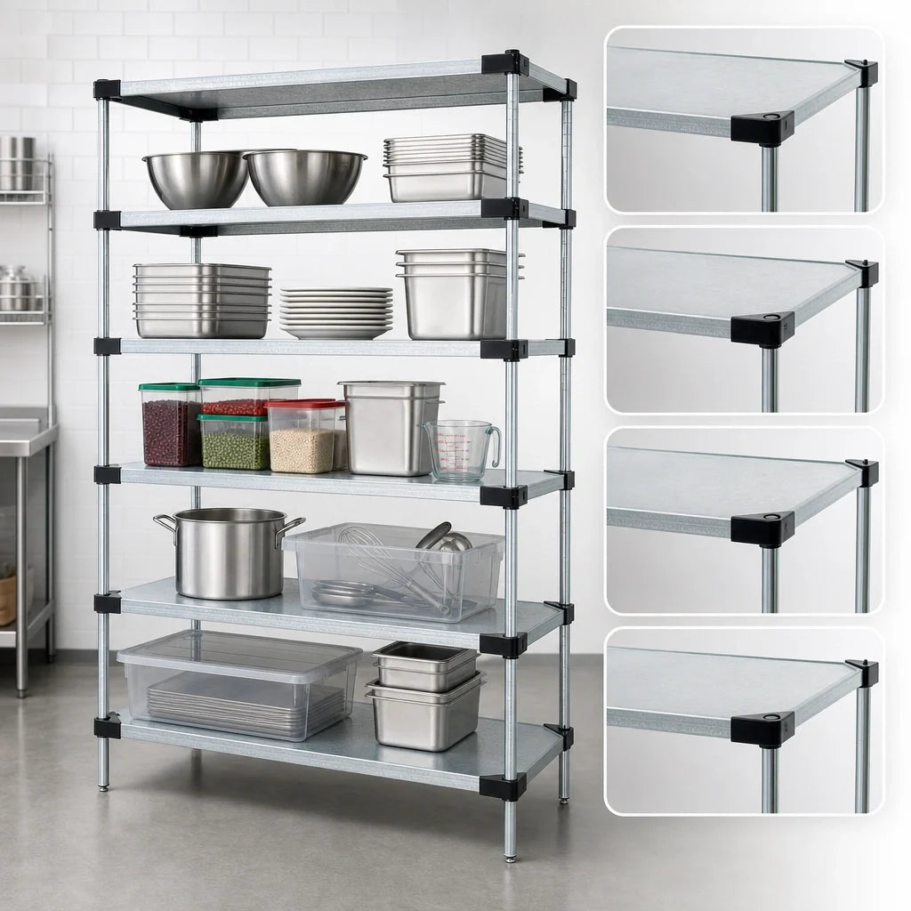 Quantum WR63-2454SG-5 Solid Shelving Starter Kit, 54W x 24D x 63H, 5 Shelves, Galvanized Steel, Chrome Posts