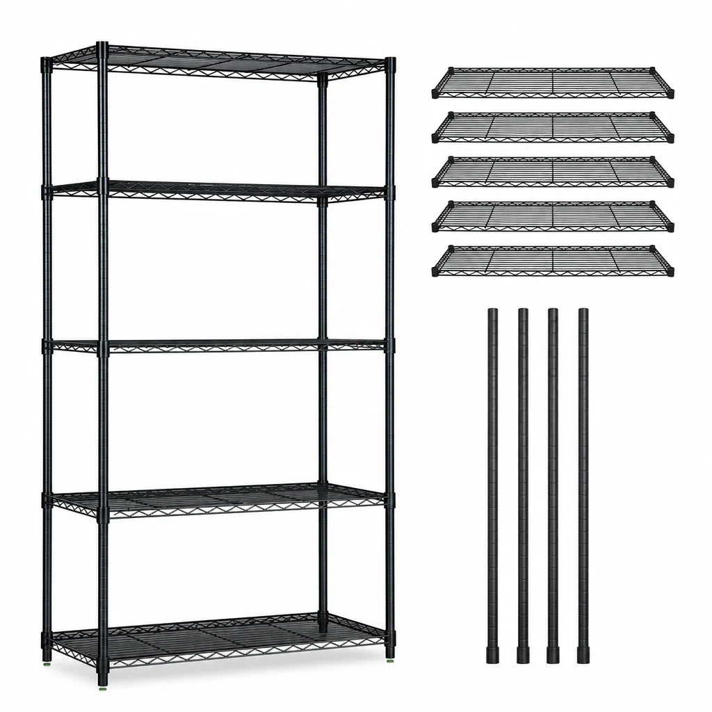 Quantum WR54-1442BK-5 Wire Shelving Starter Unit, 42"W x 14"D x 54"H, 5 Shelves, Black Epoxy Finish